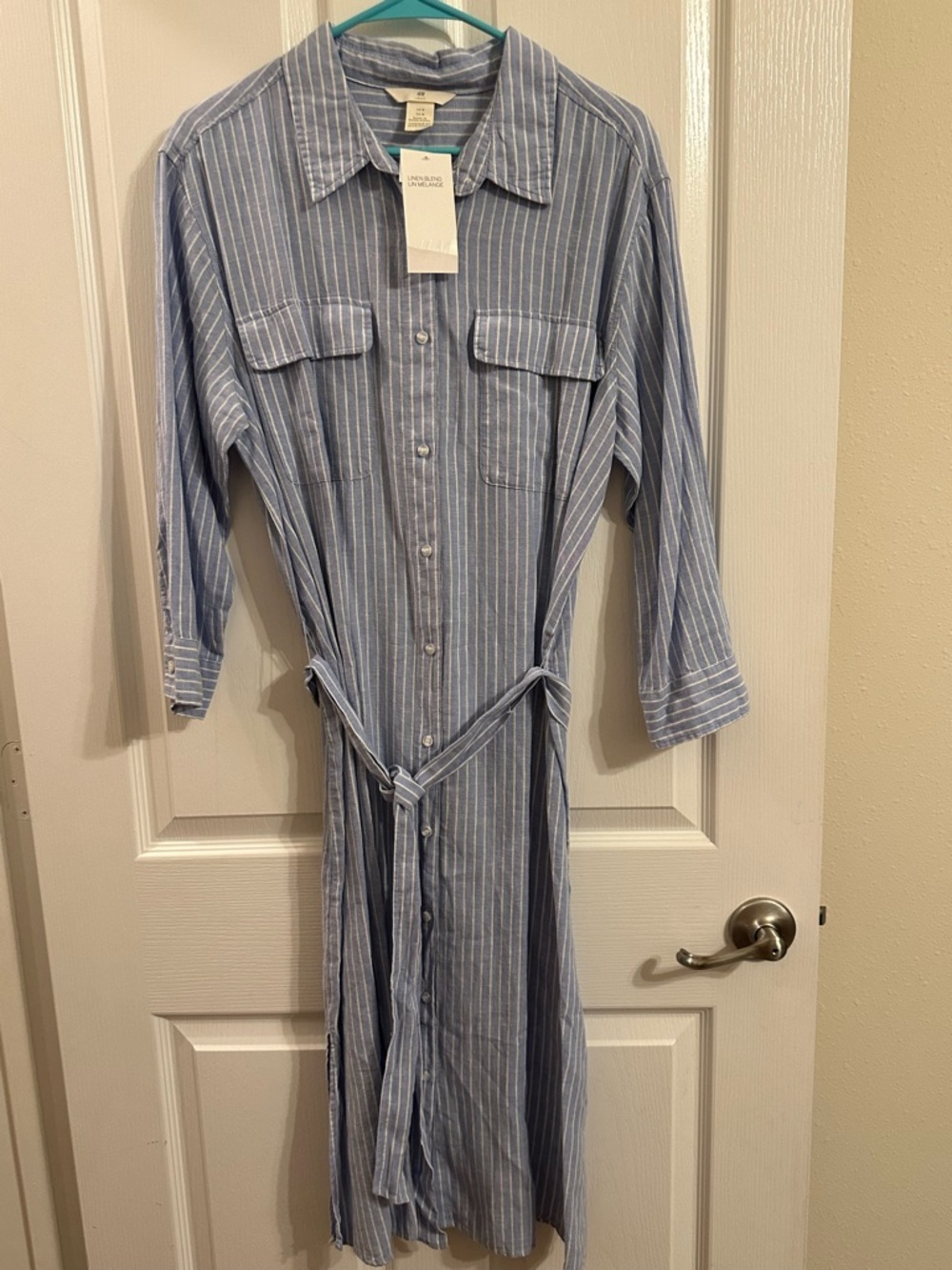 H&M Blue and White Striped Linen Blend Shirt Dress